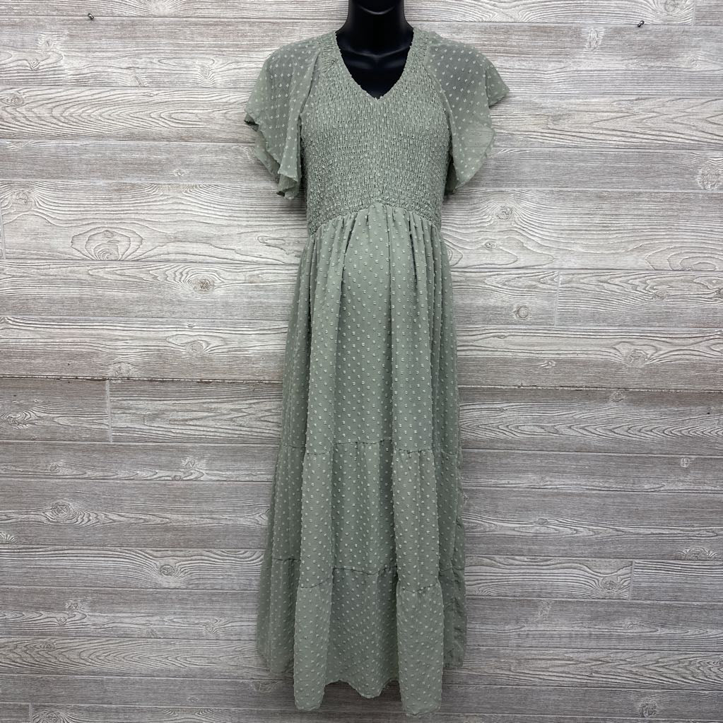Smocked Textured Flutter Sleeve Dress XL