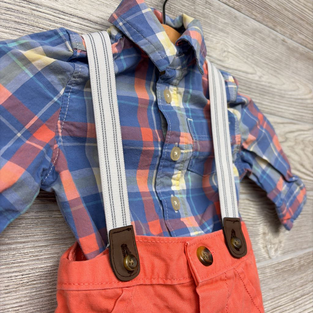 LS Plaid Button Up Bodysuit & Suspender Pants 3M
