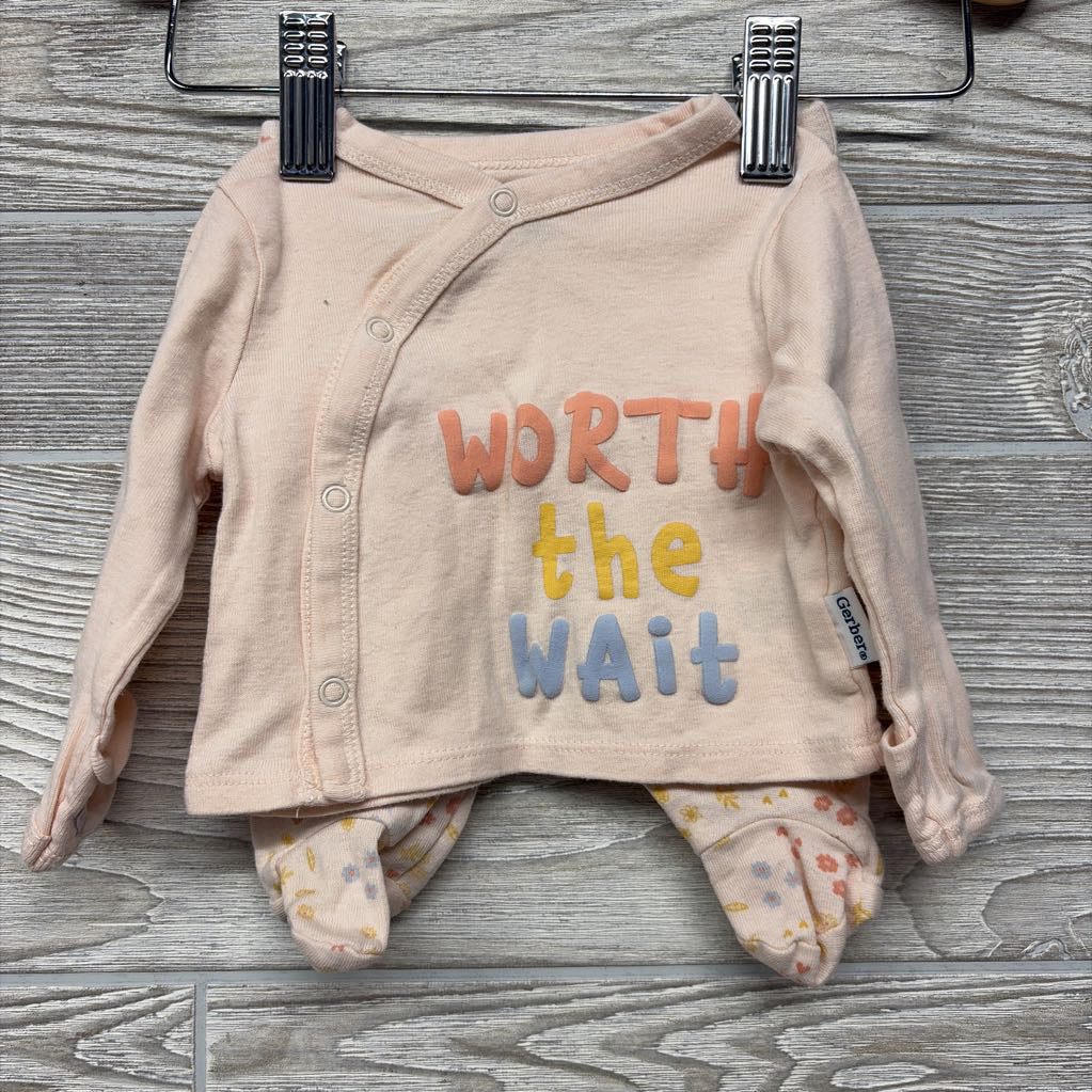 LS Side Snap Shirt Worth The Wait & Footed Pants W/ Hat Flowers NB