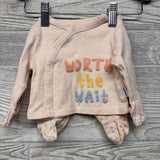 LS Side Snap Shirt Worth The Wait & Footed Pants W/ Hat Flowers NB