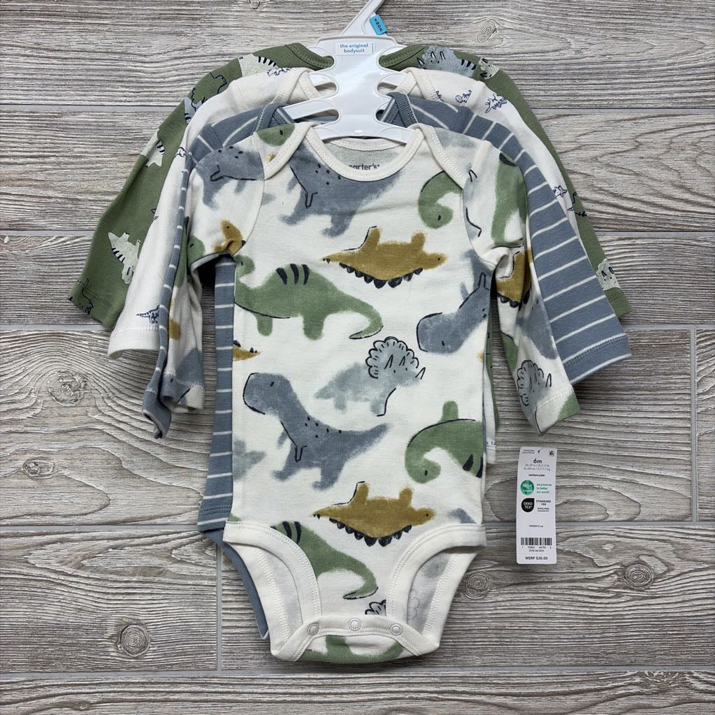 NEW 4 Pk LS Bodysuits Dinosaurs Stripes 6M