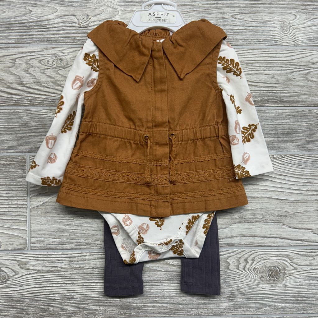 NEW Vest, LS Bodysuit Leaves & Ribbed Leggings 3-6M