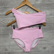 2 Pc One Shoulder Swimsuit Scallop Trim 14