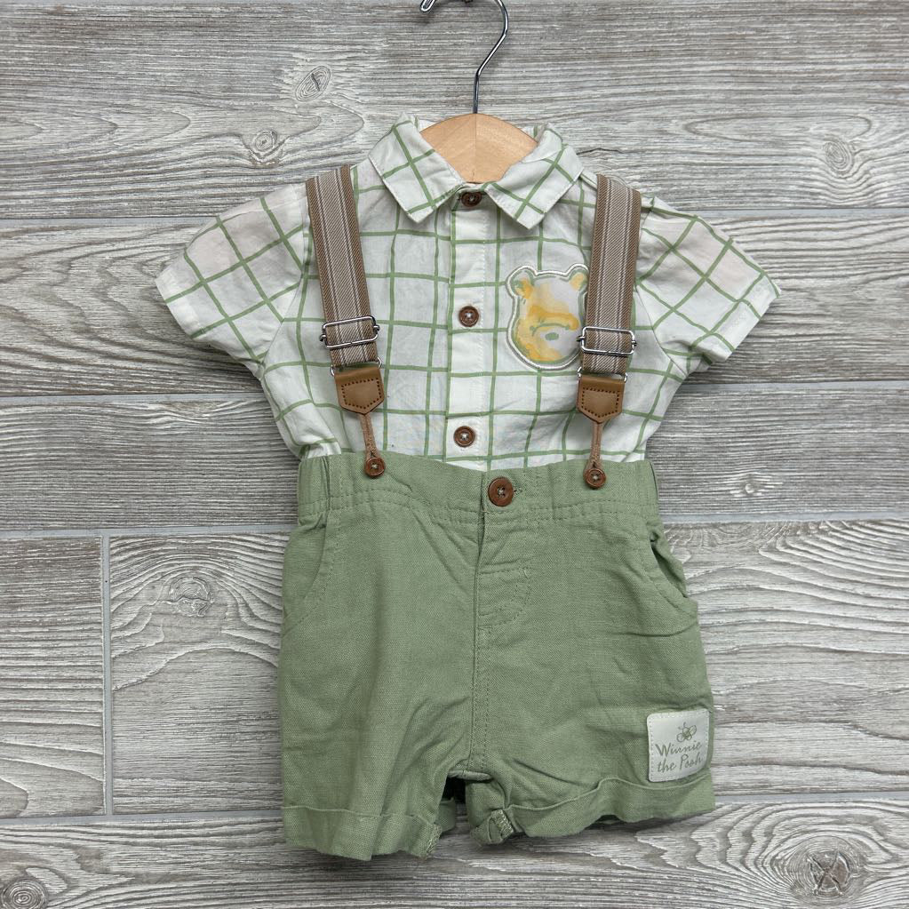 Button Up Bodysuit Grid Pooh & Suspender Shorts 0-3M