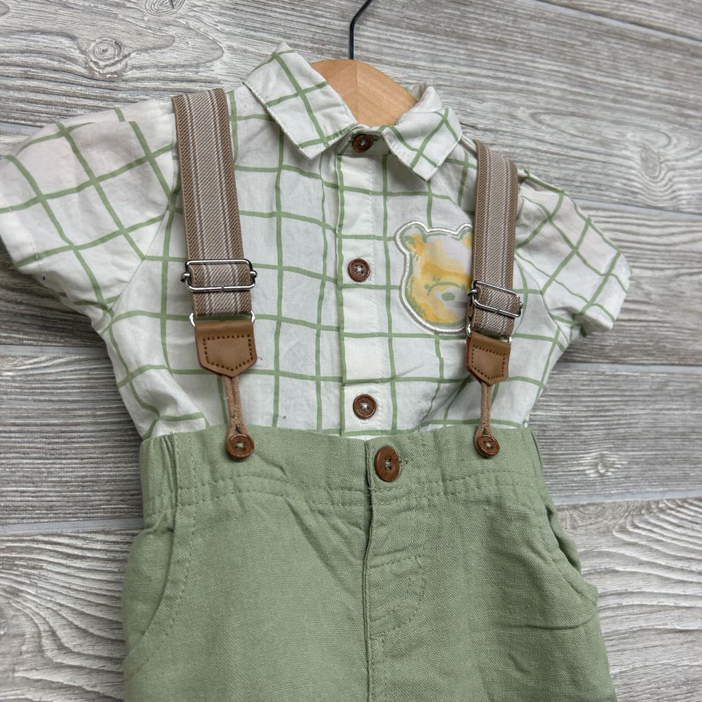 Button Up Bodysuit Grid Pooh & Suspender Shorts 0-3M