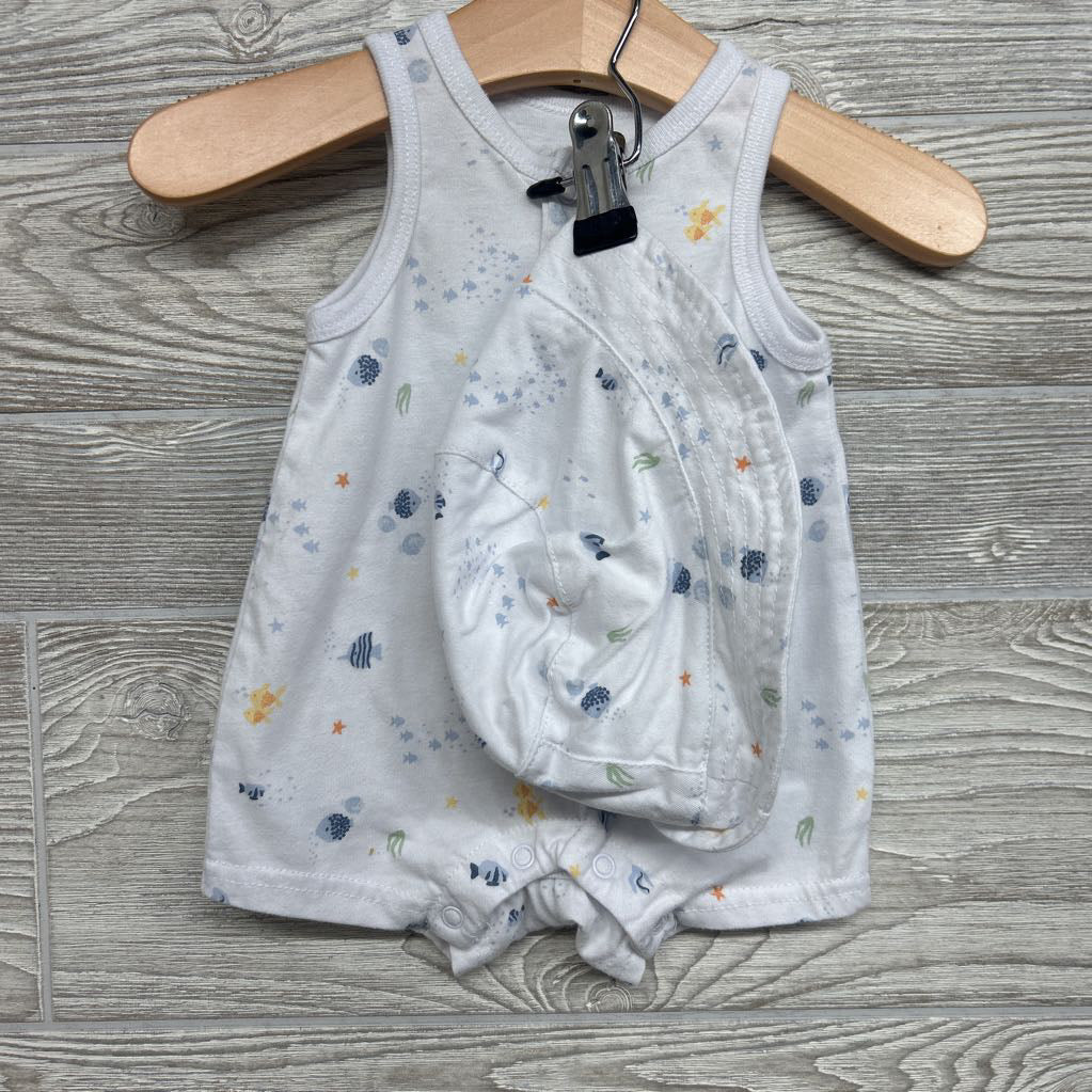 Tank Henley Shorty Romper W/ Sun Hat Fish Coral 3M