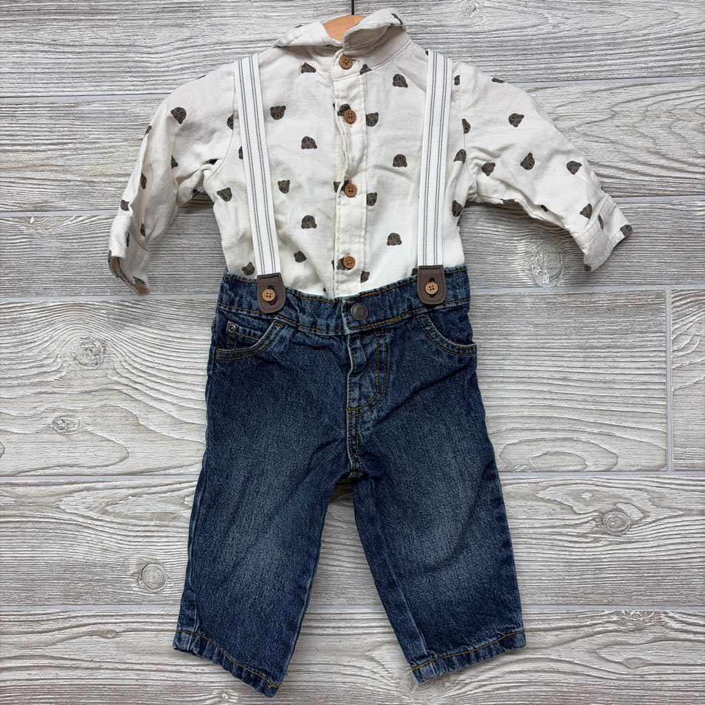 LS Button Up Bodysuit Bears & Suspender Jeans 3-6M