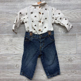 LS Button Up Bodysuit Bears & Suspender Jeans 3-6M