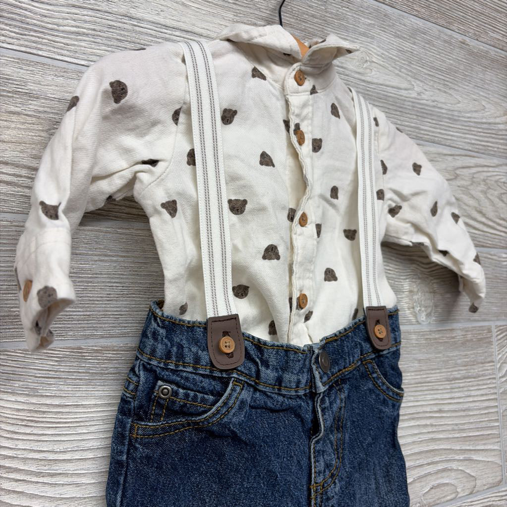 LS Button Up Bodysuit Bears & Suspender Jeans 3-6M
