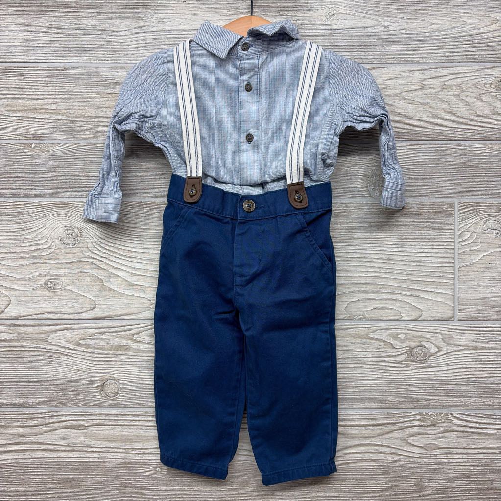 LS Button Up Bodysuit Stripes & Suspender Pants 9M