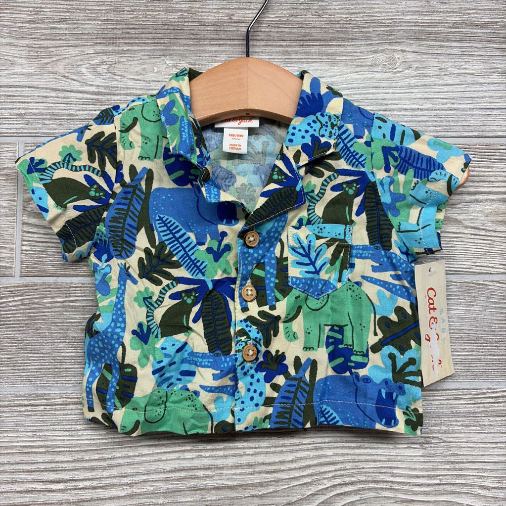 NEW Button Up Shirt Elephants Monkeys Leaves NB