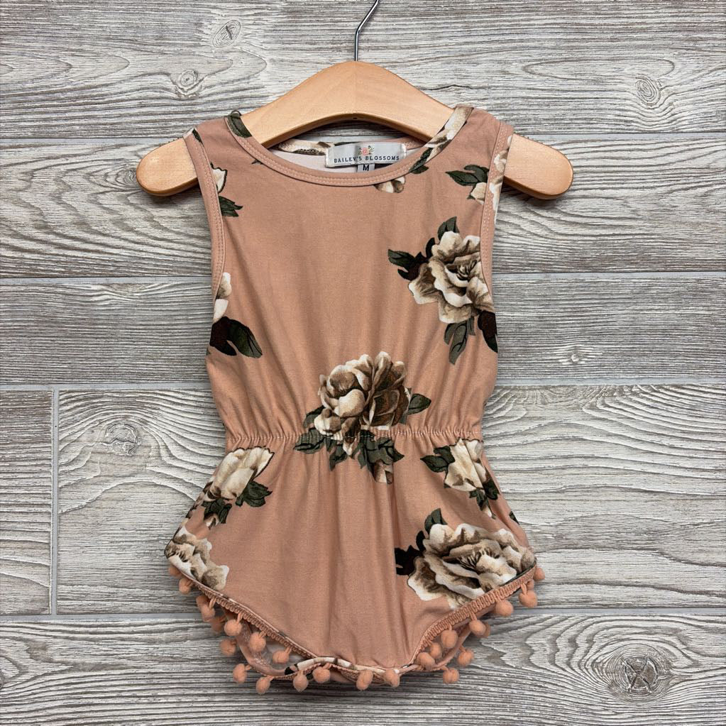 Tank Romper Flowers Pom Trim 12-18M