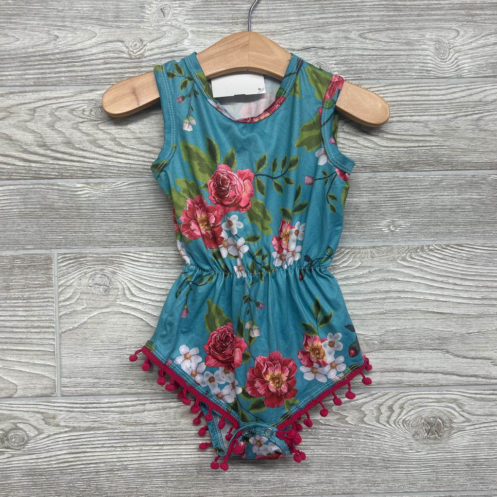 Tank Romper Flowers Pom Trim 12-18M