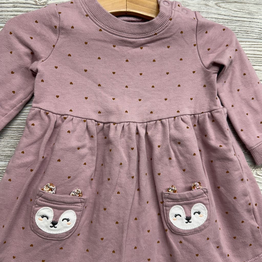 LS French Terry Dress Hearts Fox Pockets 9M