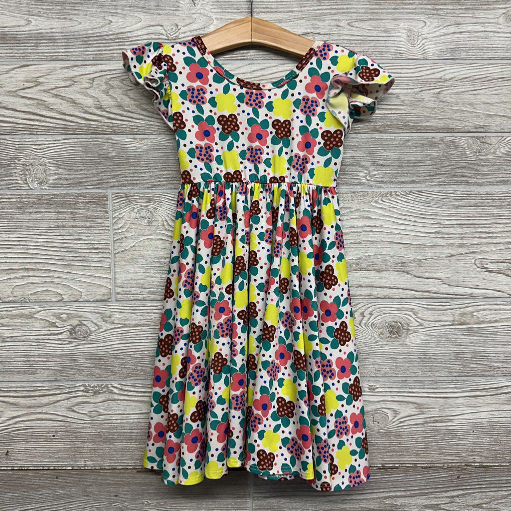 Flutter Sleeve Twirl Dress Flowers Dots 3-4