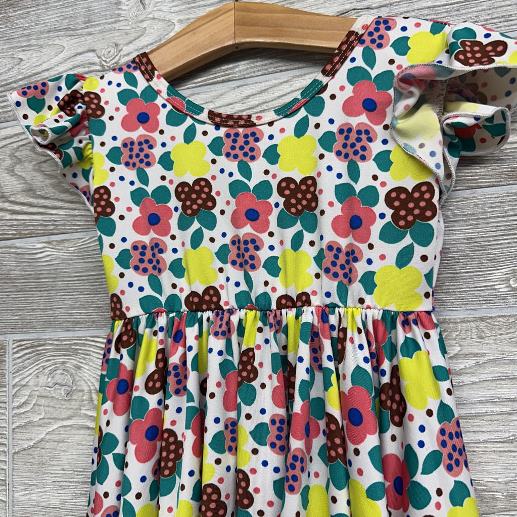 Flutter Sleeve Twirl Dress Flowers Dots 3-4