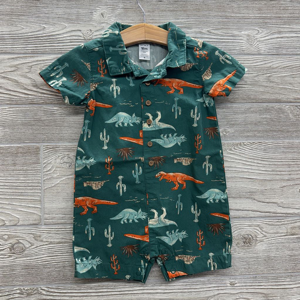 Button Up Shorty Romper Dinosaurs Palm Trees 18M
