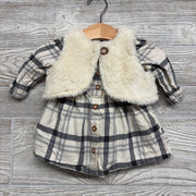 LS Plaid Flannel Dress W/ Bloomers & Plush Vest 3M
