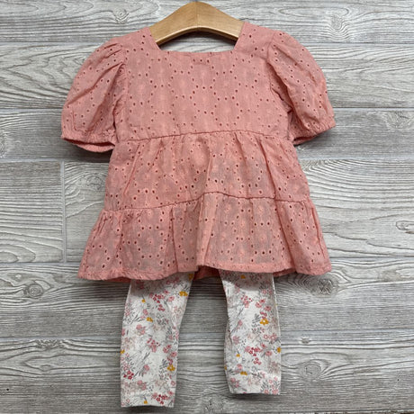 Eyelet Button Up Puff Sleeve Shirt & Leggings Flowers 3T