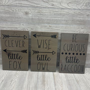 3 Pk Rustic Wooden Wall Signs Stay Cleaver Little Fox, Be Curious Little Racoon & Grow Wise Little Owl