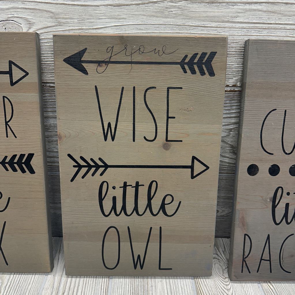 3 Pk Rustic Wooden Wall Signs Stay Cleaver Little Fox, Be Curious Little Racoon & Grow Wise Little Owl