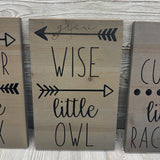 3 Pk Rustic Wooden Wall Signs Stay Cleaver Little Fox, Be Curious Little Racoon & Grow Wise Little Owl