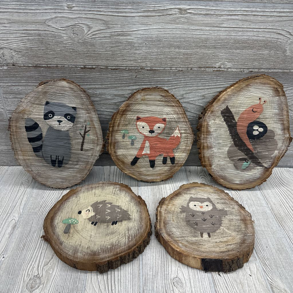 5 Pk Wood Slab Wall Signs Racoon, Fox, Snail, Hedgehog & Owl