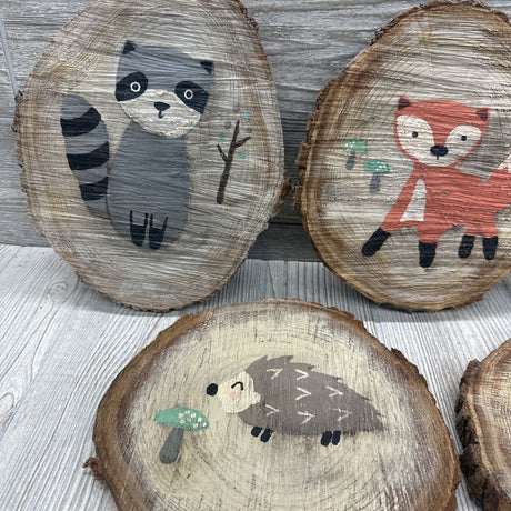 5 Pk Wood Slab Wall Signs Racoon, Fox, Snail, Hedgehog & Owl