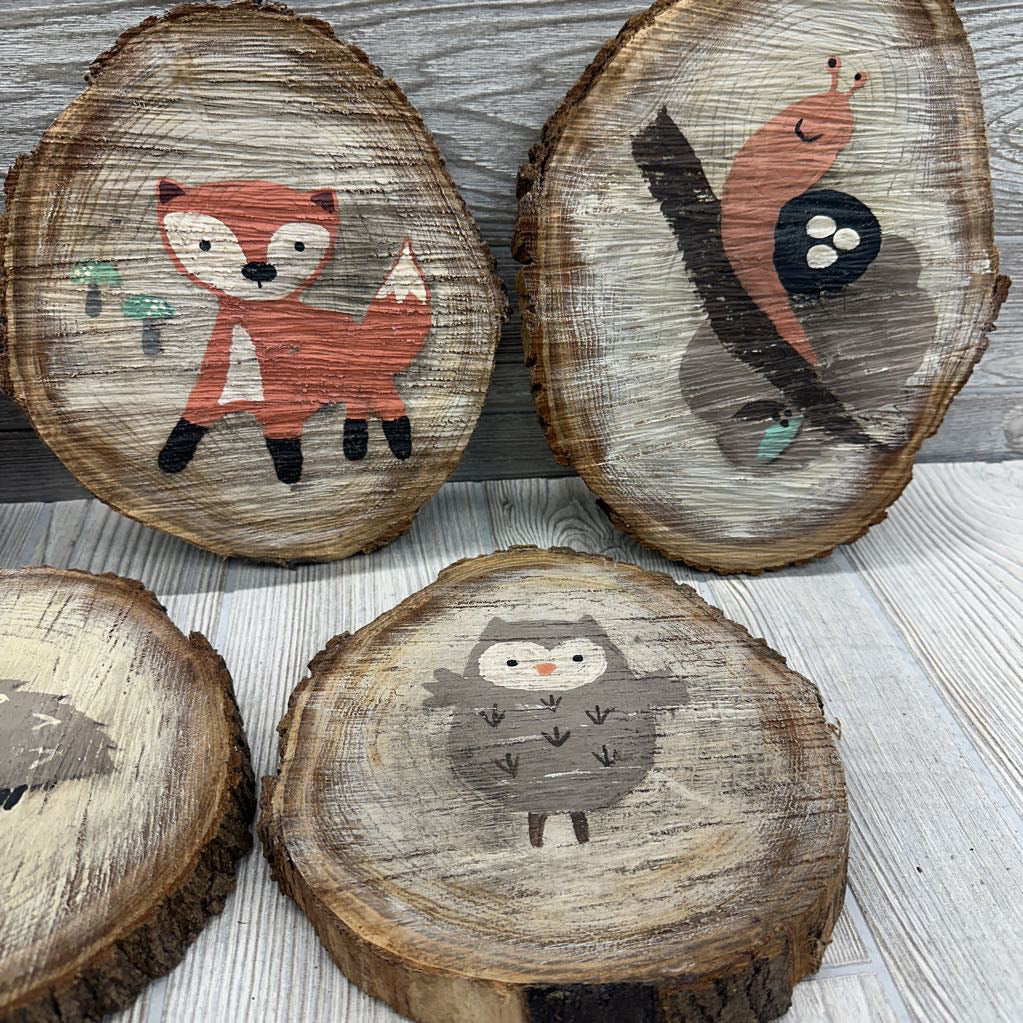 5 Pk Wood Slab Wall Signs Racoon, Fox, Snail, Hedgehog & Owl