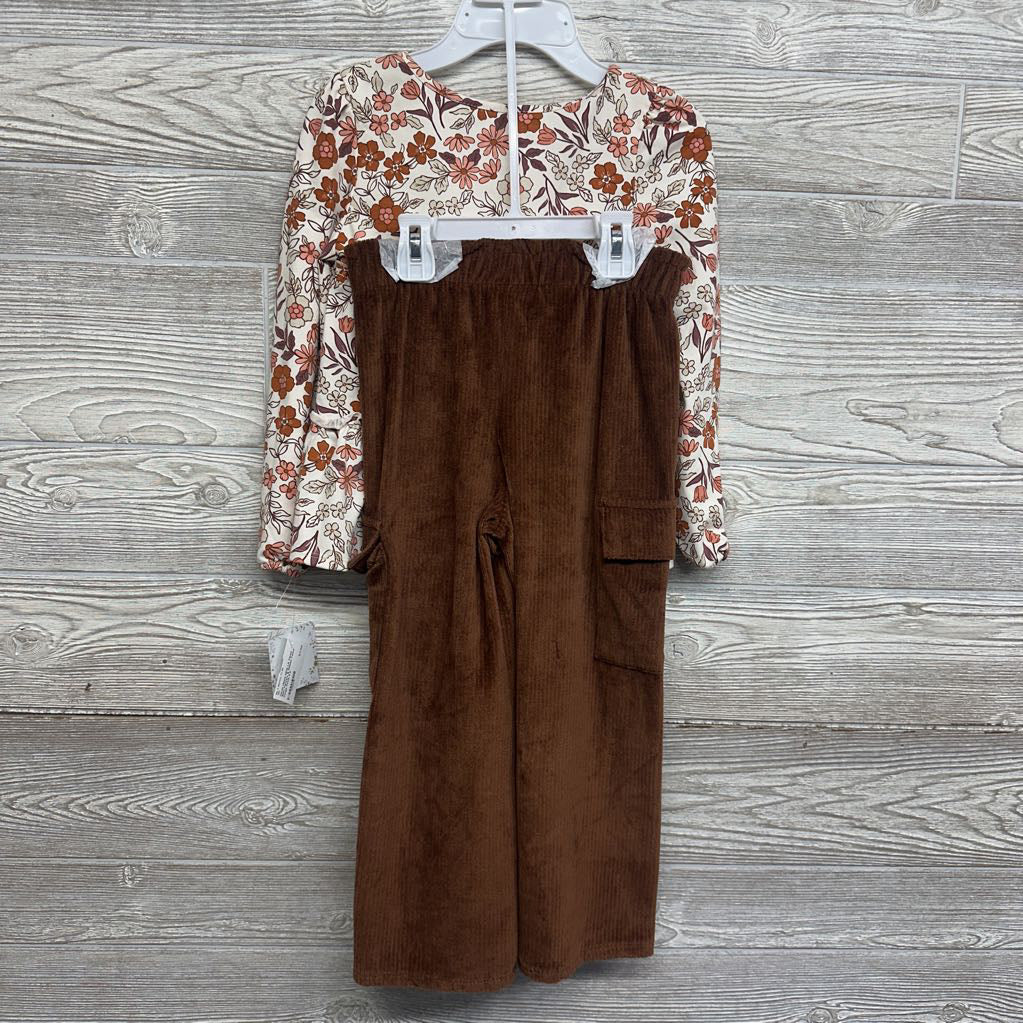 NEW LS Tiered Shirt Flowers & Ribbed Velour Cargo Pants 5-6