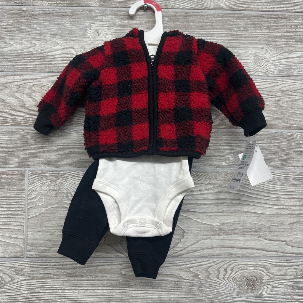 NEW Plush Jacket Buffalo Plaid, LS Bodysuit Penguin & Pants NB