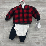 NEW Plush Jacket Buffalo Plaid, LS Bodysuit Penguin & Pants NB