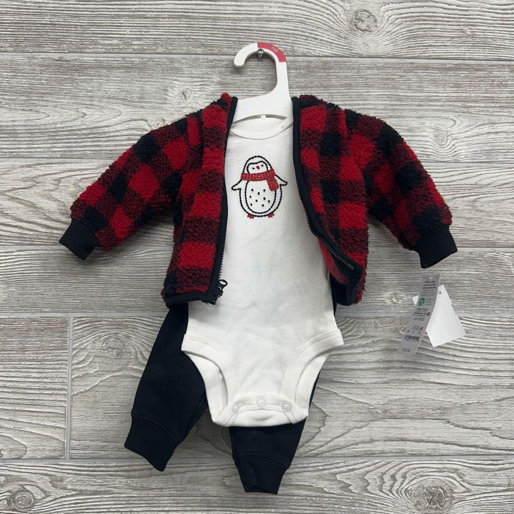 NEW Plush Jacket Buffalo Plaid, LS Bodysuit Penguin & Pants NB
