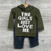 LS Shirt W/ Hood The Girls Just Love Me & Pull On Jeans 9-12M