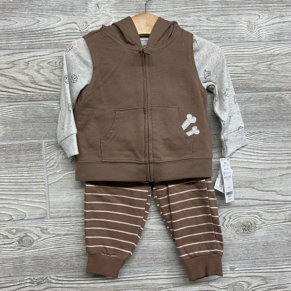 NEW Vest W/ Hood, LS Bodysuit Dogs & French Terry Joggers Stripes 9M