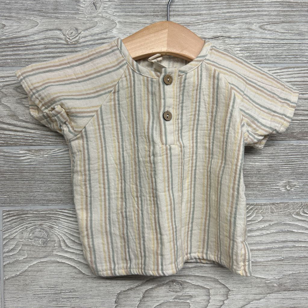 Woven Muslin Henley Shirt Stripes & Pull On Shorts Wood Button 3-6M