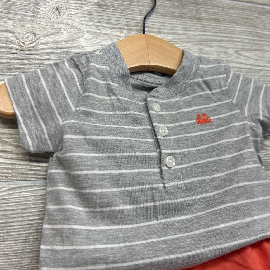 Henley Bodysuit Stripes Crab & Pull On Shorts 6M