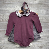 LS Collared Ribbed Bodysuit Embroidered Flowers & Pleated Plaid Skirt W/ Headwrap & Socks 12M