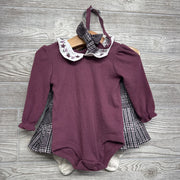LS Collared Ribbed Bodysuit Embroidered Flowers & Pleated Plaid Skirt W/ Headwrap & Socks 12M