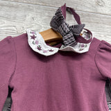 LS Collared Ribbed Bodysuit Embroidered Flowers & Pleated Plaid Skirt W/ Headwrap & Socks 12M