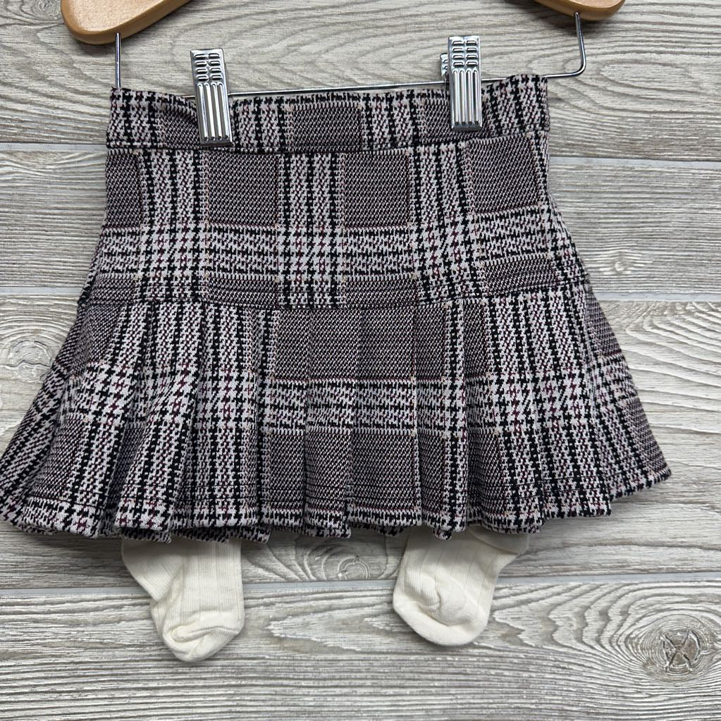 LS Collared Ribbed Bodysuit Embroidered Flowers & Pleated Plaid Skirt W/ Headwrap & Socks 12M