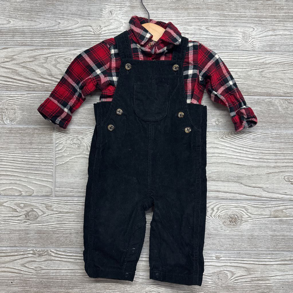 Flannel Button Up Shirt & Corduroy Overalls 6M