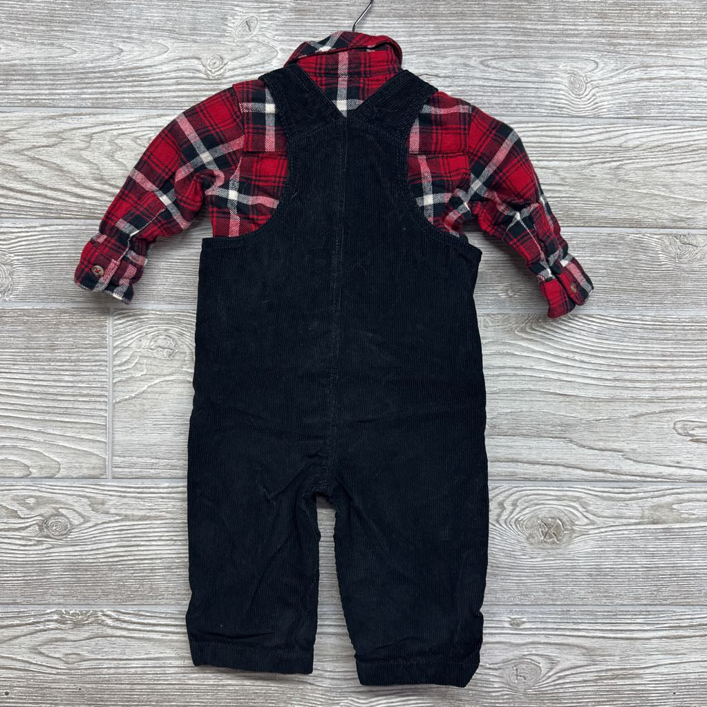 Flannel Button Up Shirt & Corduroy Overalls 6M