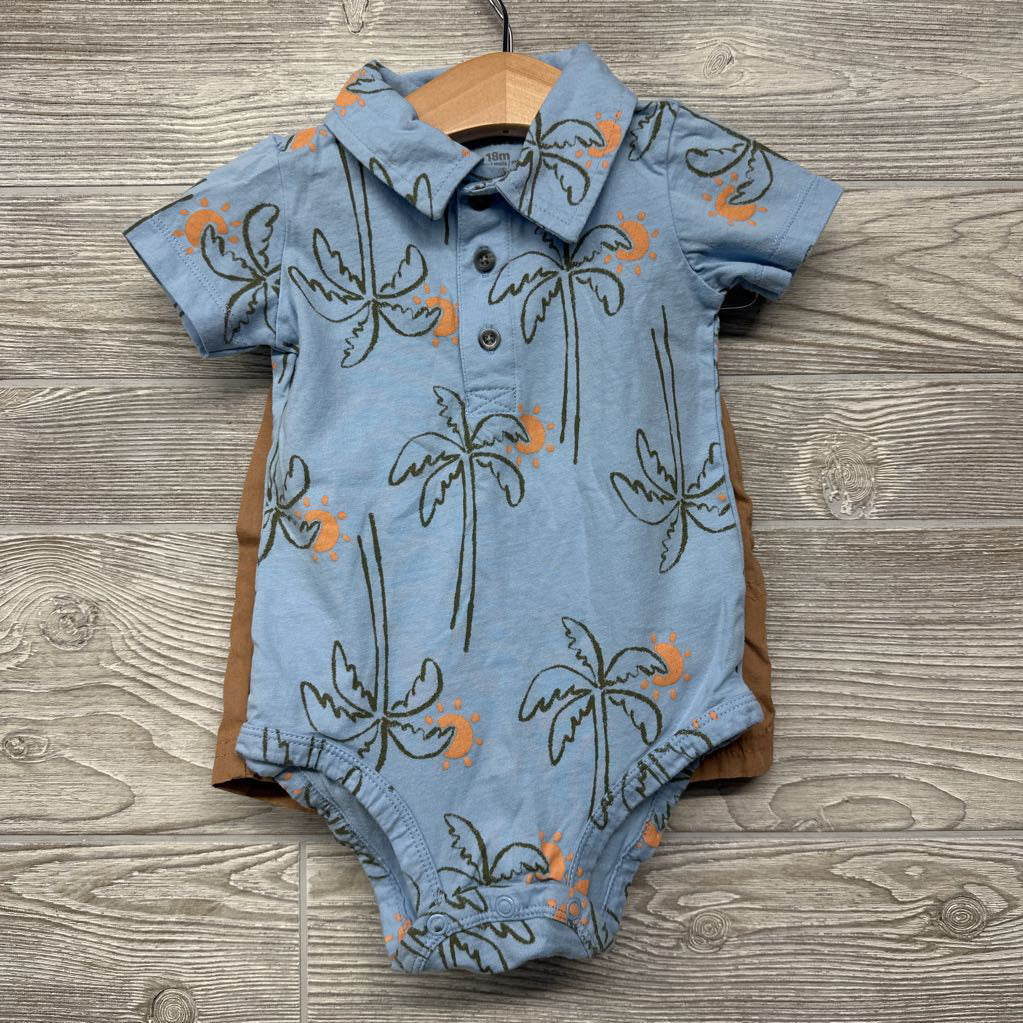 Henley Polo Bodysuit Palm Trees & Pull On Shorts 18M