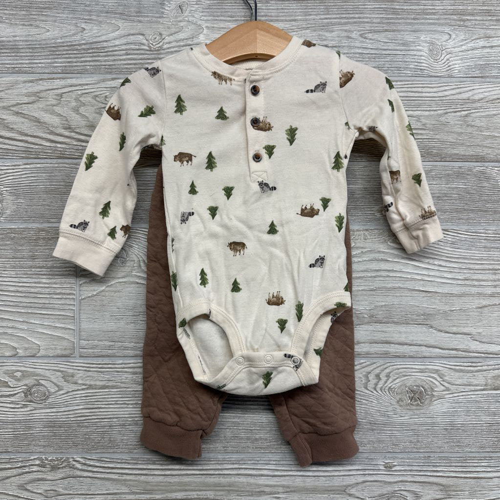 LS Henley Bodysuit Trees Racoons & Quilted Joggers 12M