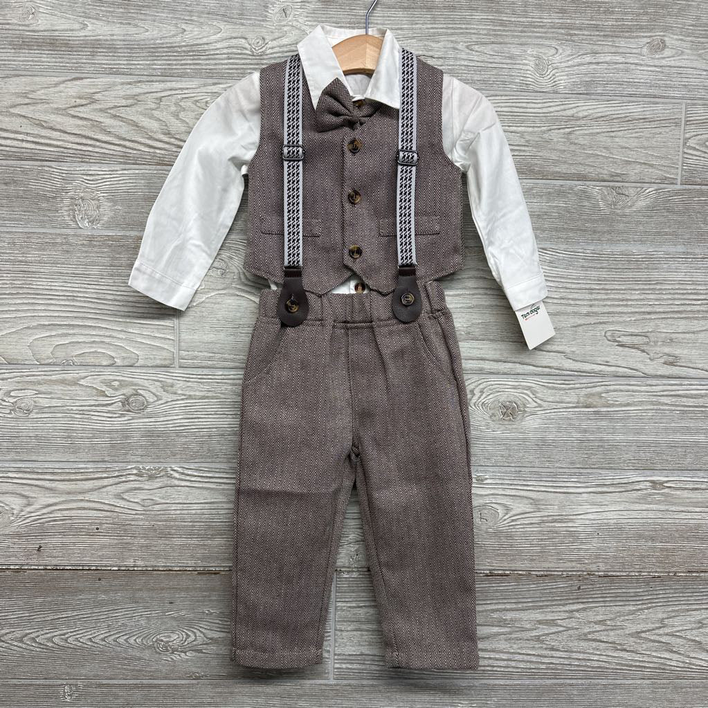 NEW Vest, LS Button Up Shirt & Suspender Pants Herringbone 12-24M