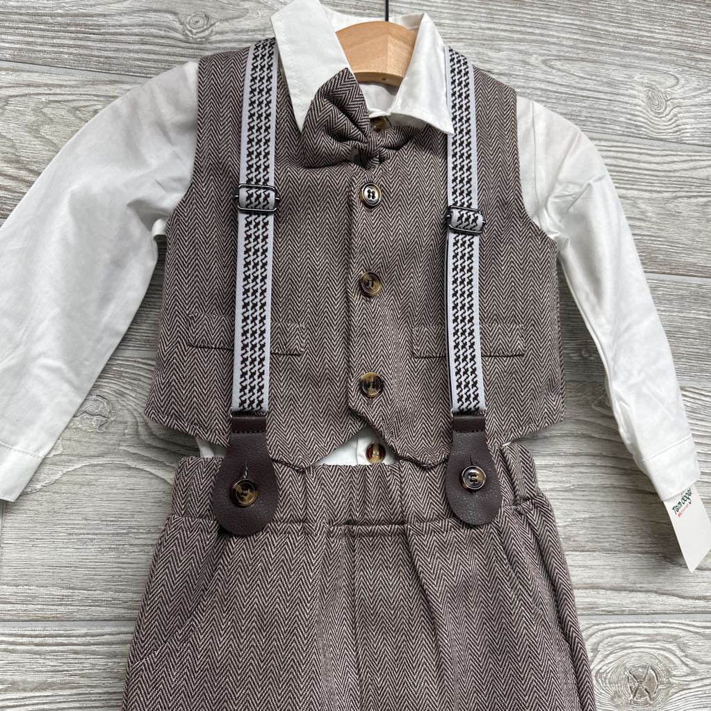 NEW Vest, LS Button Up Shirt & Suspender Pants Herringbone 12-24M