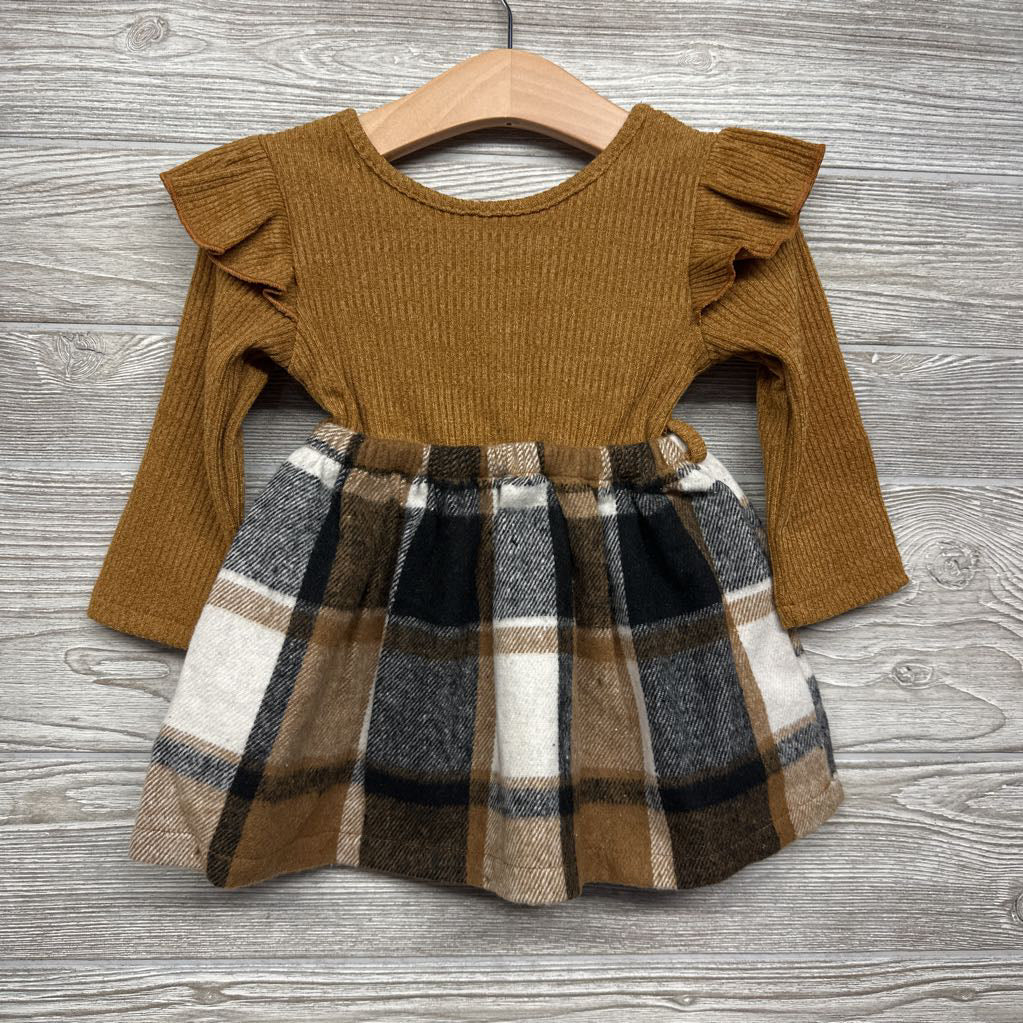Nw/oT Ribbed Ruffle & Plaid Fleece Dress 12-18M