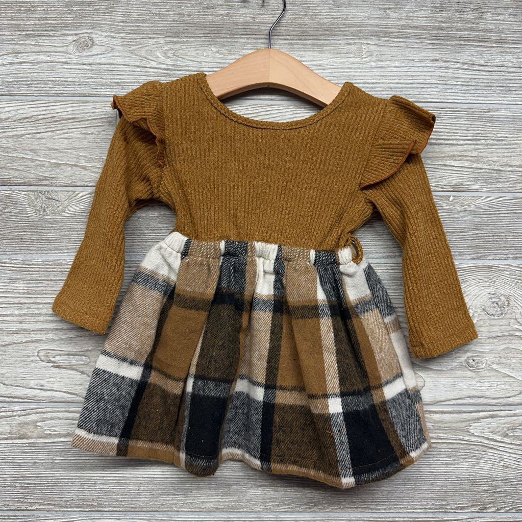 Nw/oT Ribbed Ruffle & Plaid Fleece Dress 12-18M