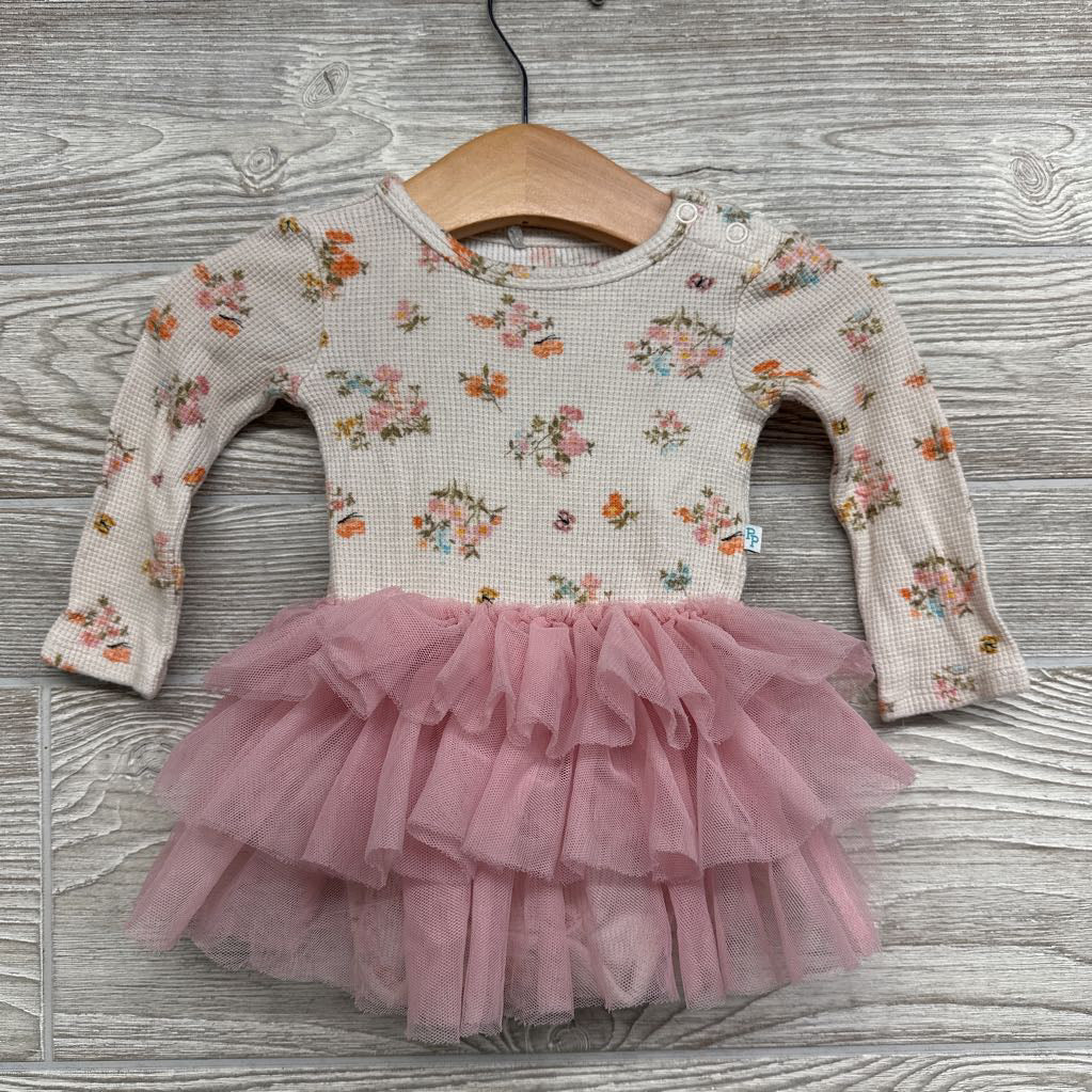 LS Waffle Knit Tulle Bodysuit Dress Flowers 3-6M